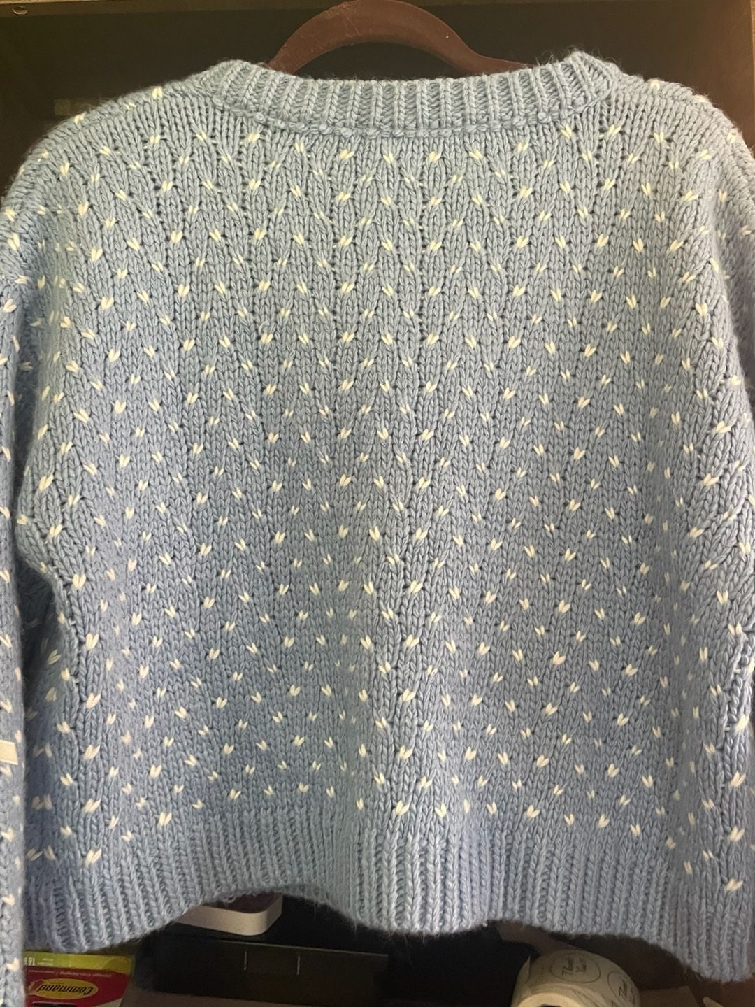 Coquette Bow Boxy Cardigan XL Blue Cream Chunky Knit Balletcore Soft Girl Sweater 10