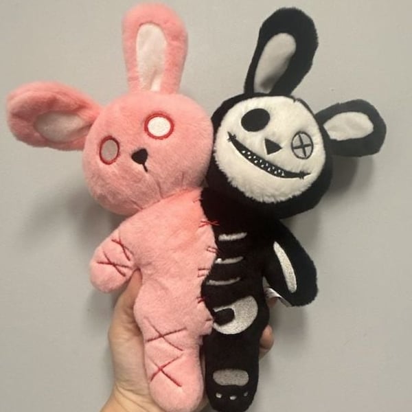 Gothic Two Head Skull Rabbit Plush Toy Pink Black