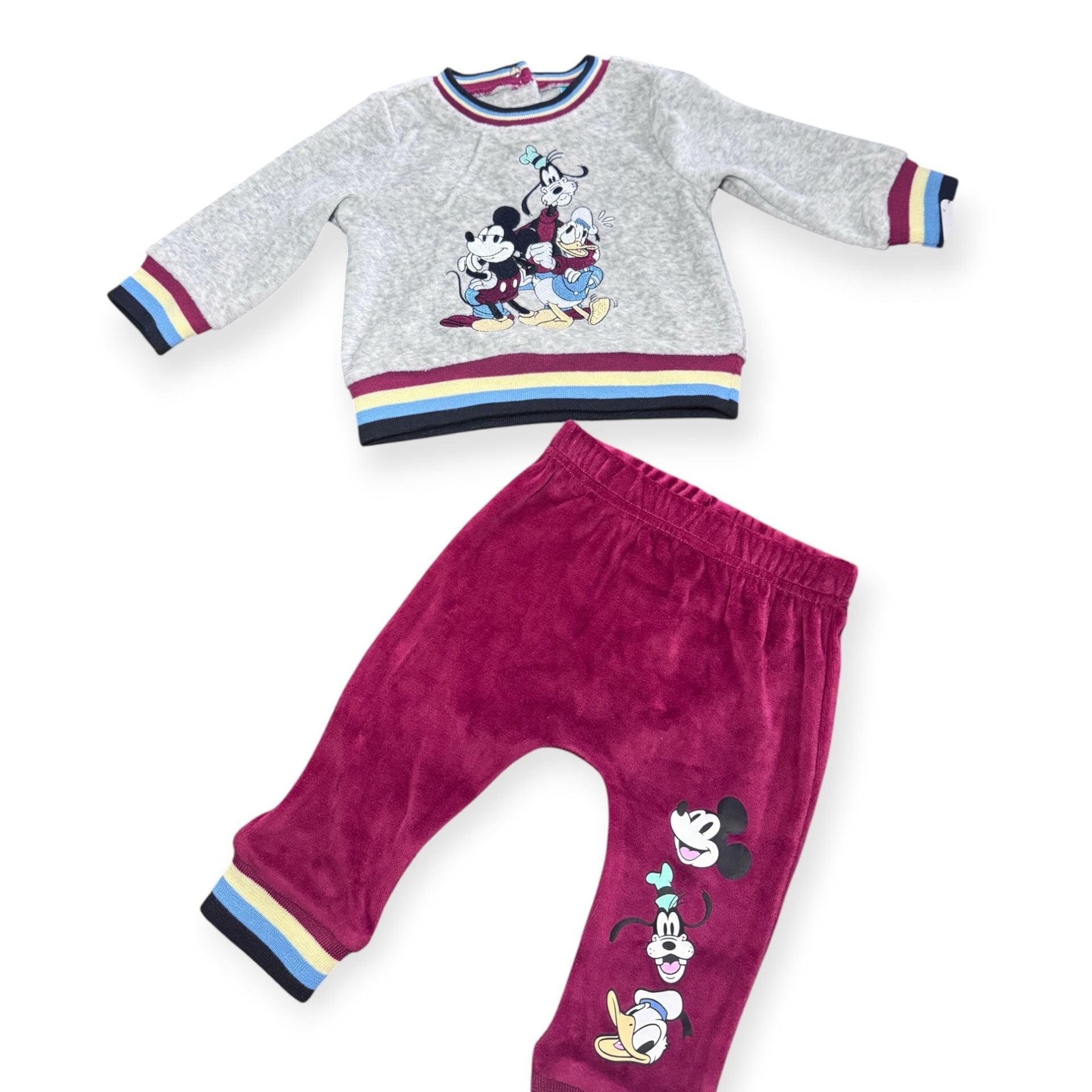Disney Baby Mickey Donald Goofy 6/9 M Velour 2 Piece Outfit Set Retro Striped NWT 1