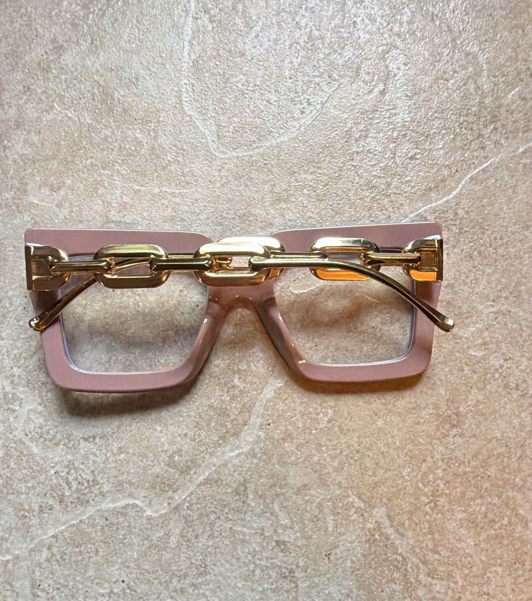 Unbranded Fashion Oversized Square Pink Glasses With Gold Chain Links 3