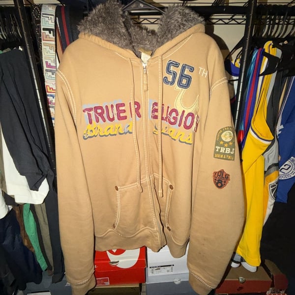 True Religion Brand Jeans Faux Fur Lined Tan Zip Up Hoodie Jacket