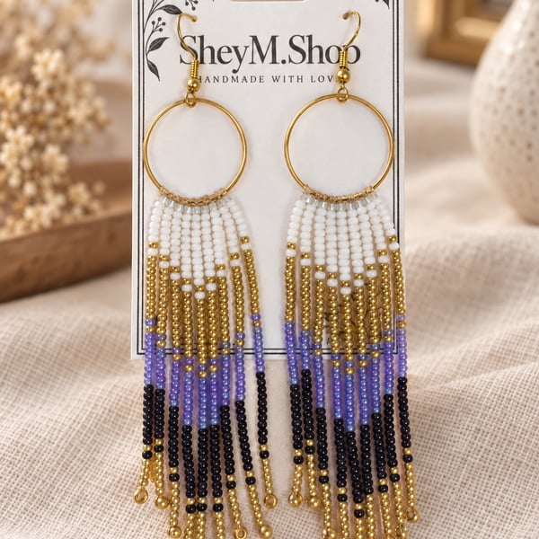 Shey M. Shop Beaded Fringe Hoop Earrings White Gold Purple