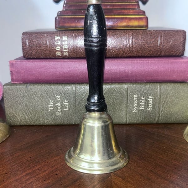 Vintage Brass Hand Bell Black Wooden Handle 6.5" School Dinner Chime
