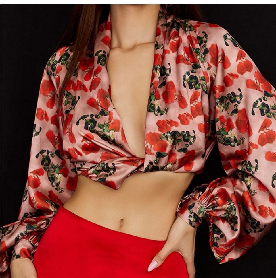 House of CB Monica Rose Print Silk Blouson Top Size M 2