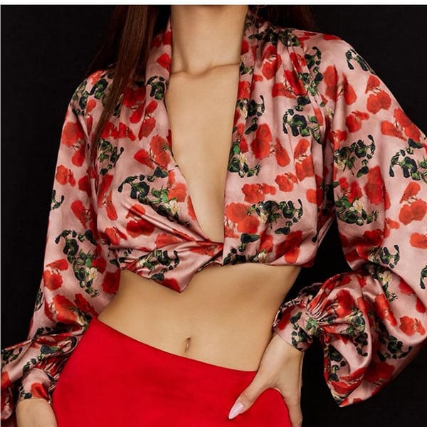 House of CB Monica Rose Print Silk Blouson Top Size M
