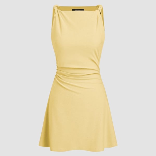 Cider Knotted Sleeveless Ruched Mini Dress Yellow