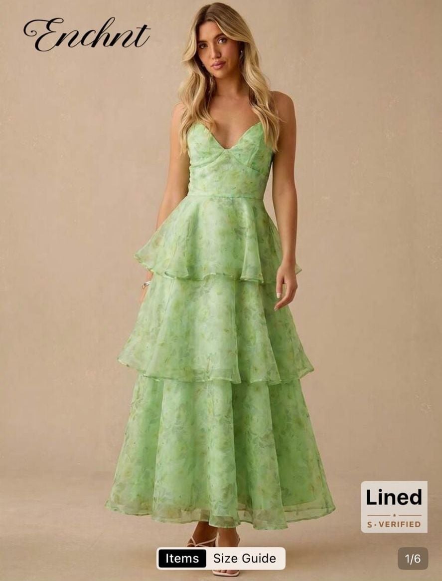 Enchnt Women Elegant Green Floral Print Organza Summer Dress Prom Formal Dress 2