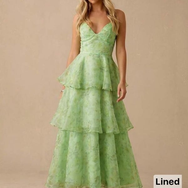 Enchnt Women Elegant Green Floral Print Organza Summer Dress Prom Formal Dress