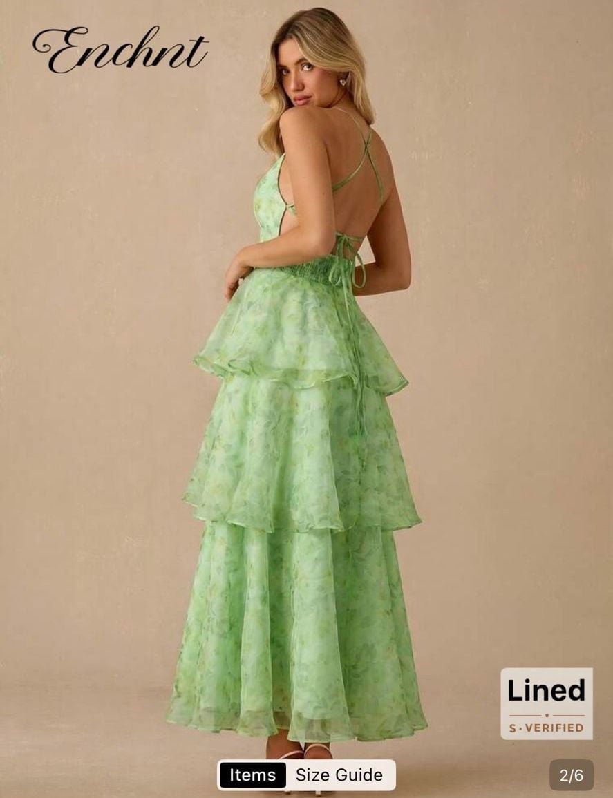 Enchnt Women Elegant Green Floral Print Organza Summer Dress Prom Formal Dress 3