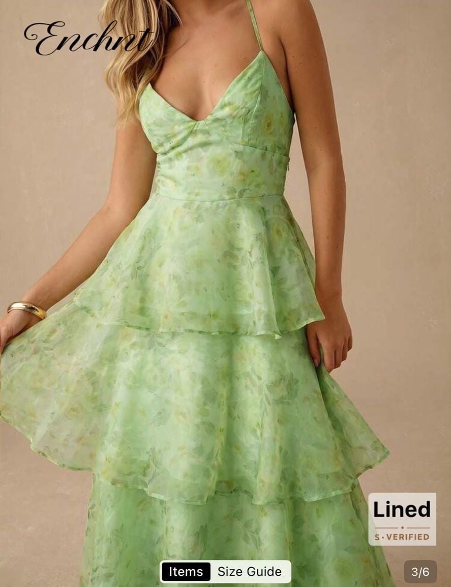 Enchnt Women Elegant Green Floral Print Organza Summer Dress Prom Formal Dress 4