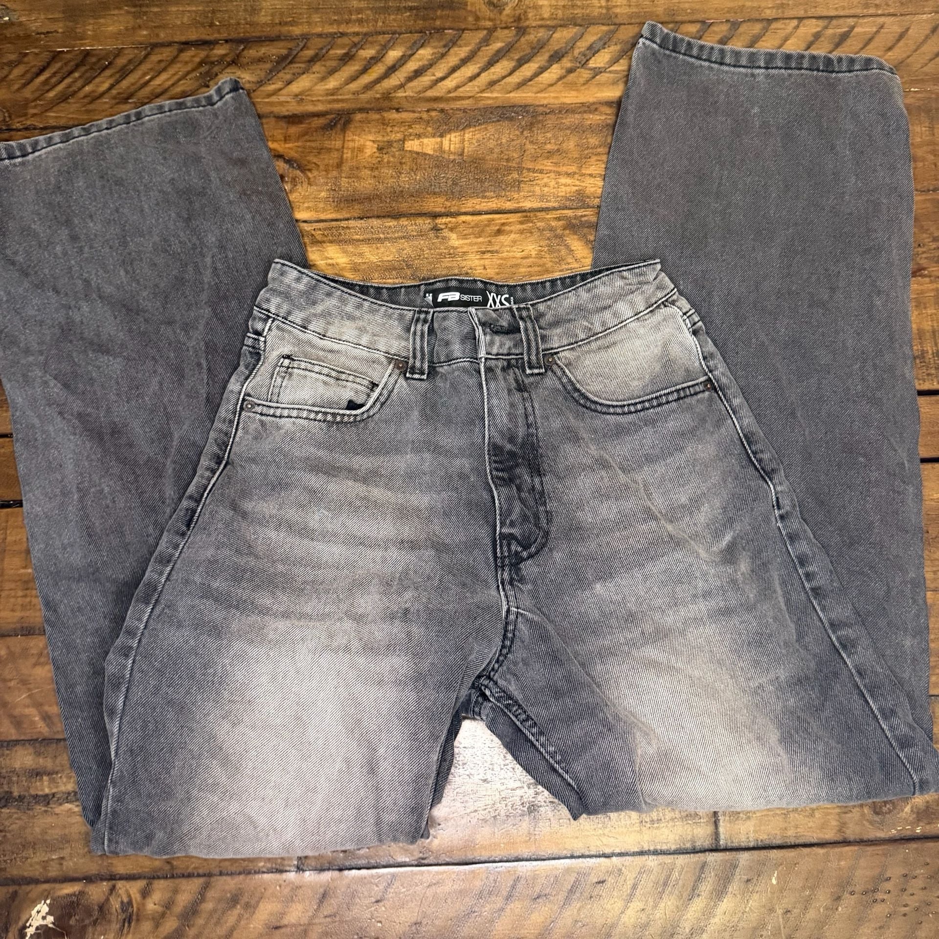 FB Sister Wide Leg Jeans XXS Charcoal Black Acid Washed Denim 3