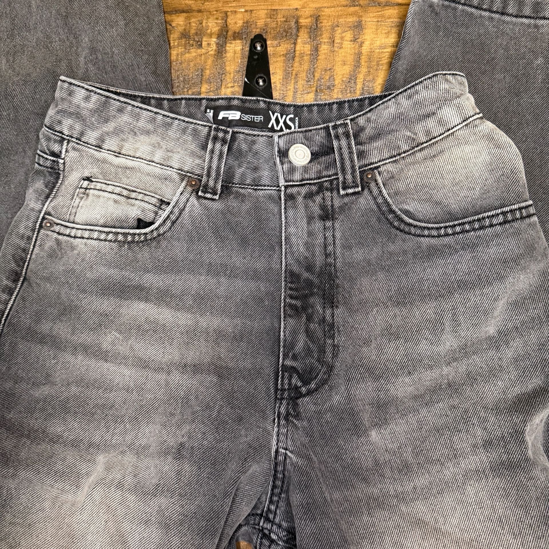 FB Sister Wide Leg Jeans XXS Charcoal Black Acid Washed Denim 5