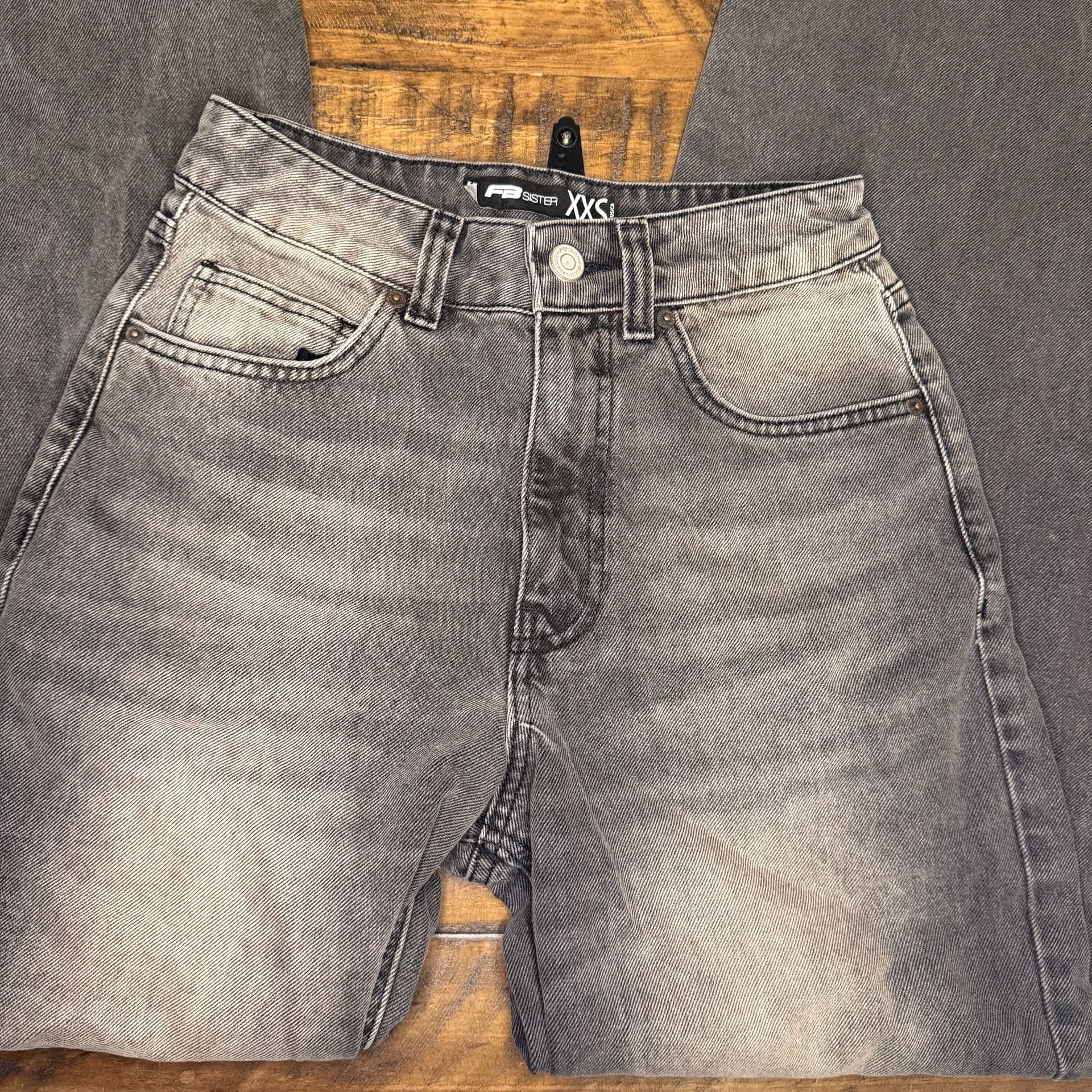 FB Sister Wide Leg Jeans XXS Charcoal Black Acid Washed Denim 9