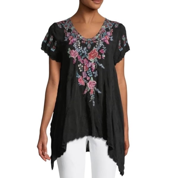 Johnny Was Hinga Black Embroidered Handkerchief Hem Tunic Top Small Boho