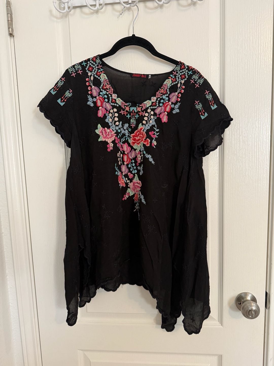 Johnny Was Hinga Black Embroidered Handkerchief Hem Tunic Top Small Boho 3