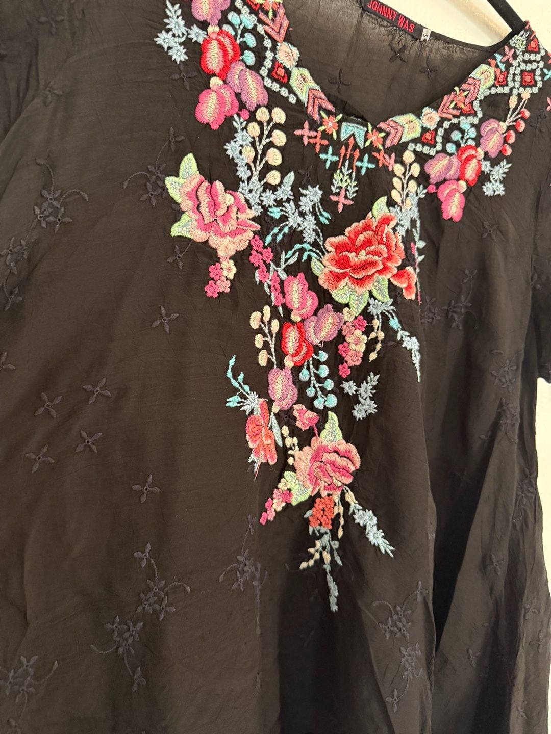 Johnny Was Hinga Black Embroidered Handkerchief Hem Tunic Top Small Boho 5
