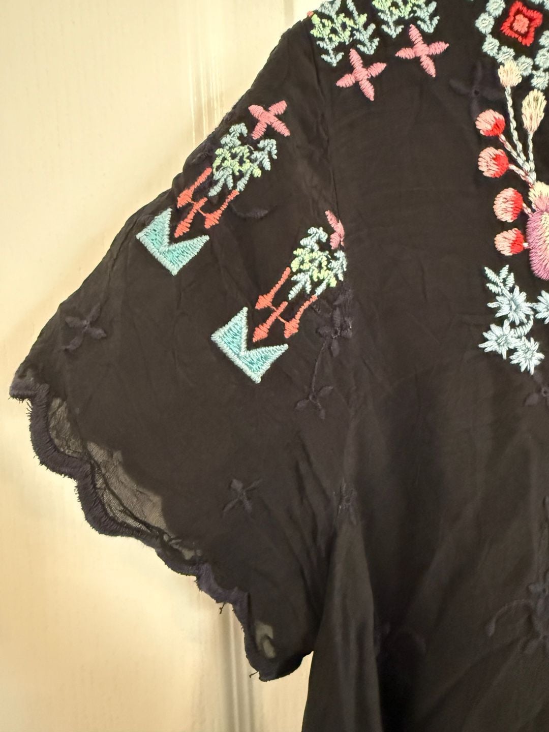 Johnny Was Hinga Black Embroidered Handkerchief Hem Tunic Top Small Boho 6