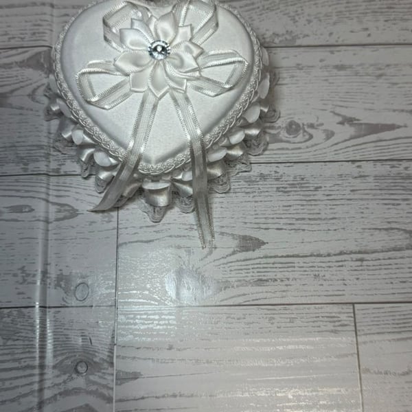 Romantic Heart Shaped Ring Box White Satin Rhinestone Decor