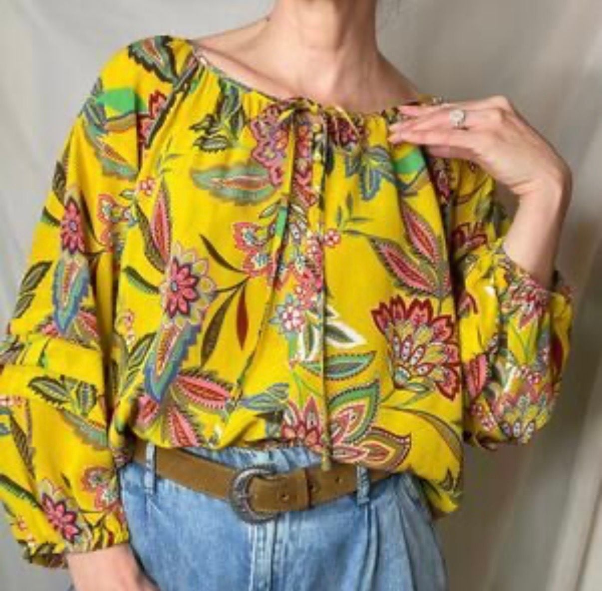 Johnny Was Anka Boho Peasant Top Size XS Yellow Floral Silk Blouse 2