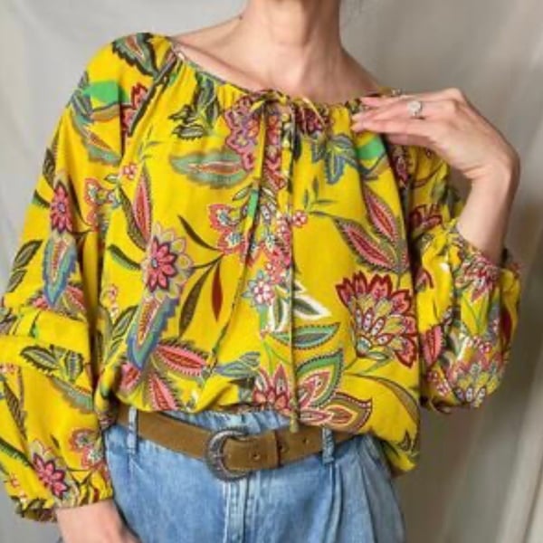 Johnny Was Anka Boho Peasant Top Size XS Yellow Floral Silk Blouse
