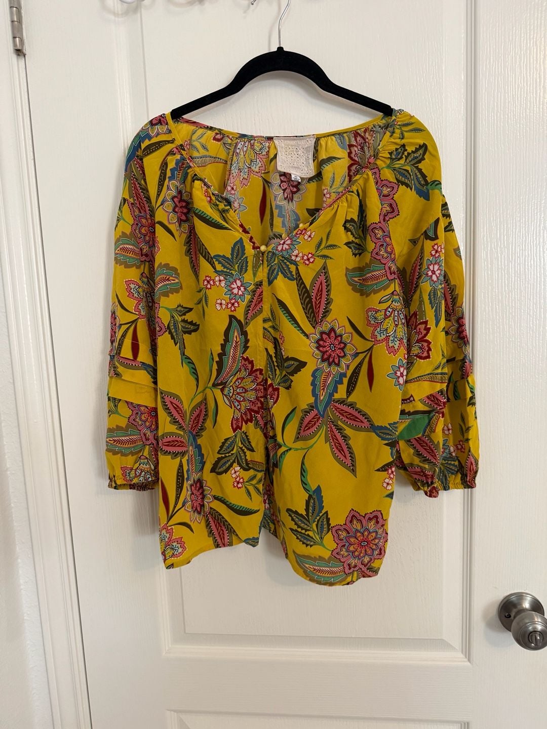 Johnny Was Anka Boho Peasant Top Size XS Yellow Floral Silk Blouse 3