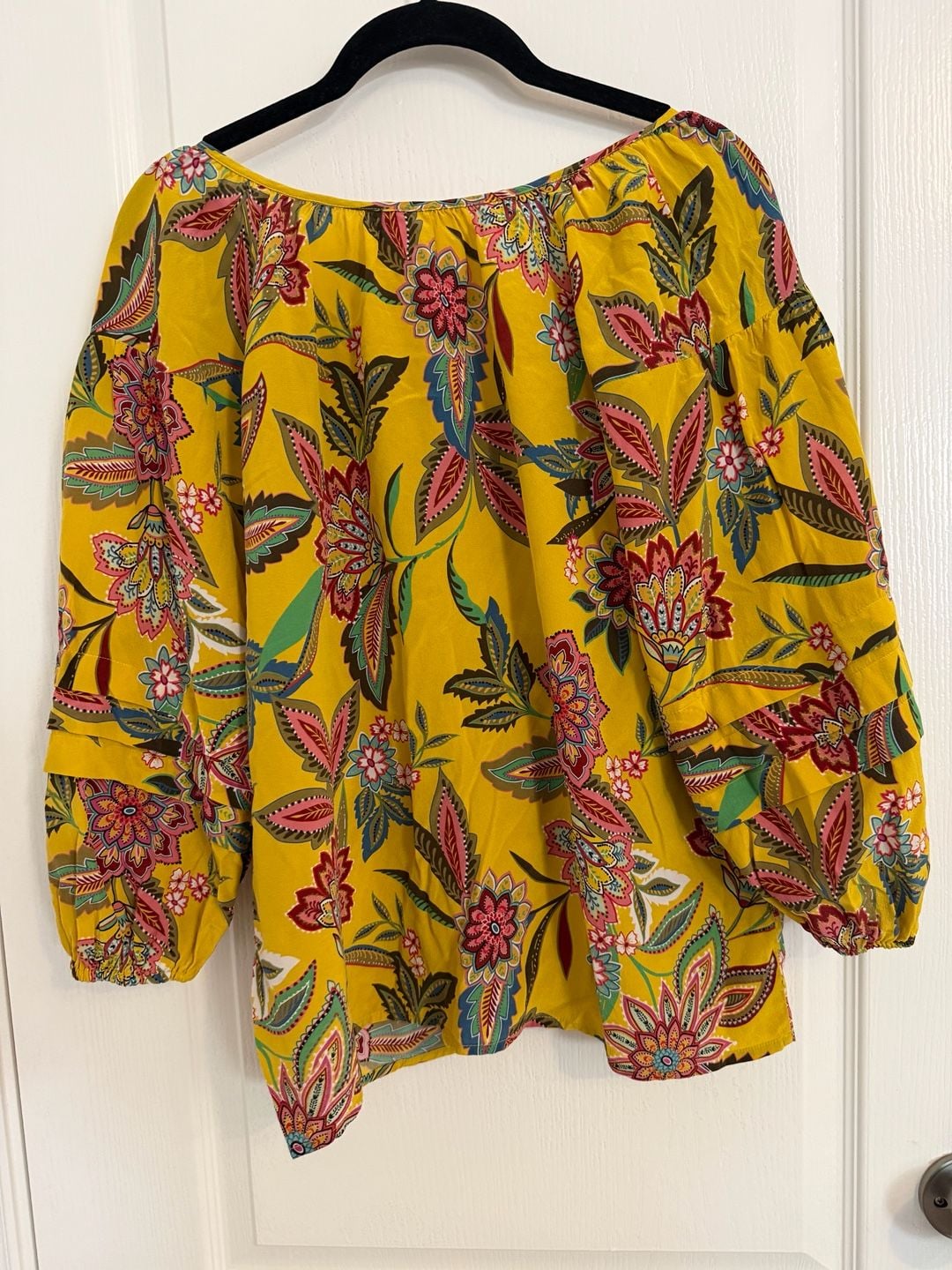 Johnny Was Anka Boho Peasant Top Size XS Yellow Floral Silk Blouse 4