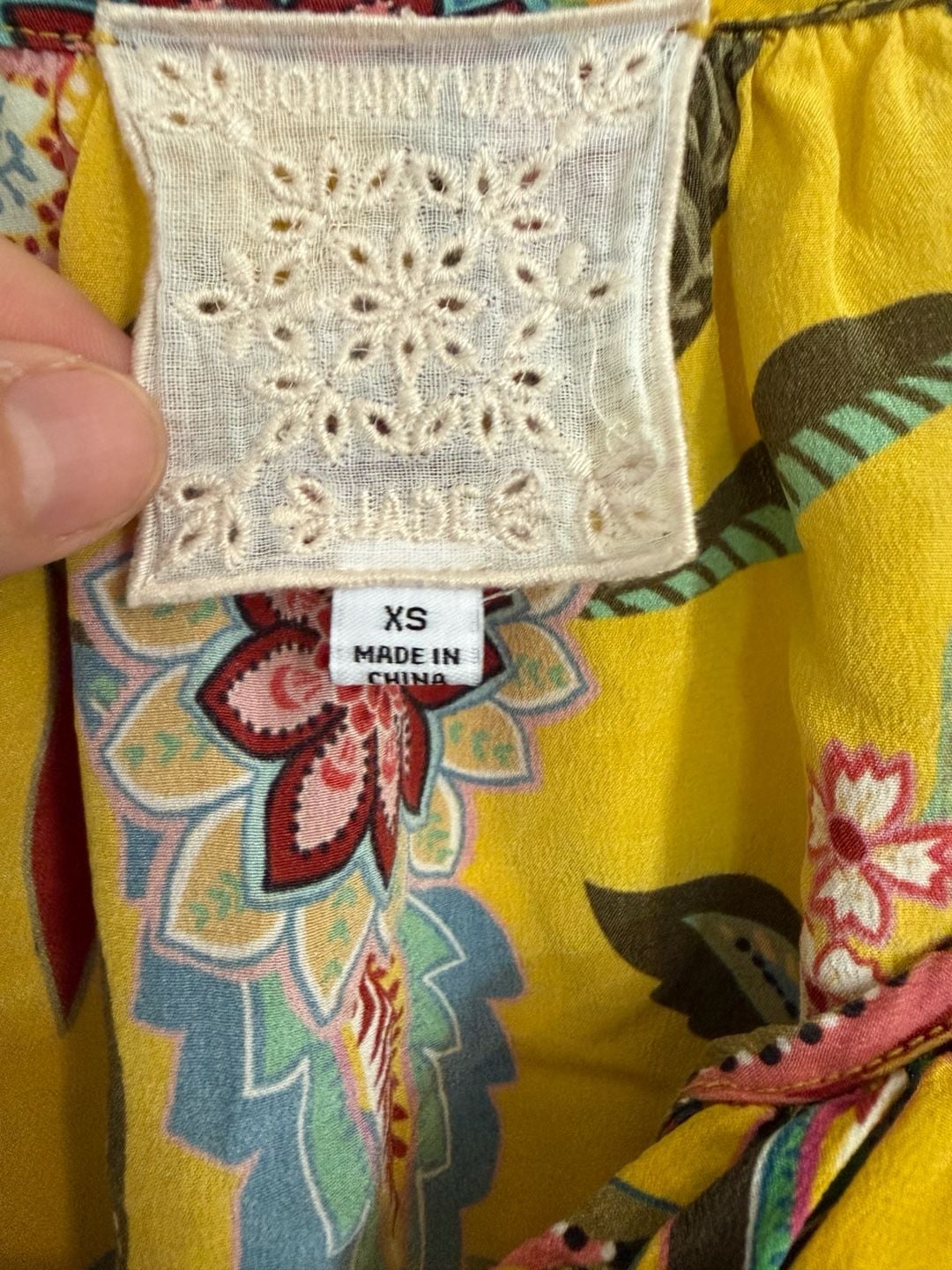 Johnny Was Anka Boho Peasant Top Size XS Yellow Floral Silk Blouse 5