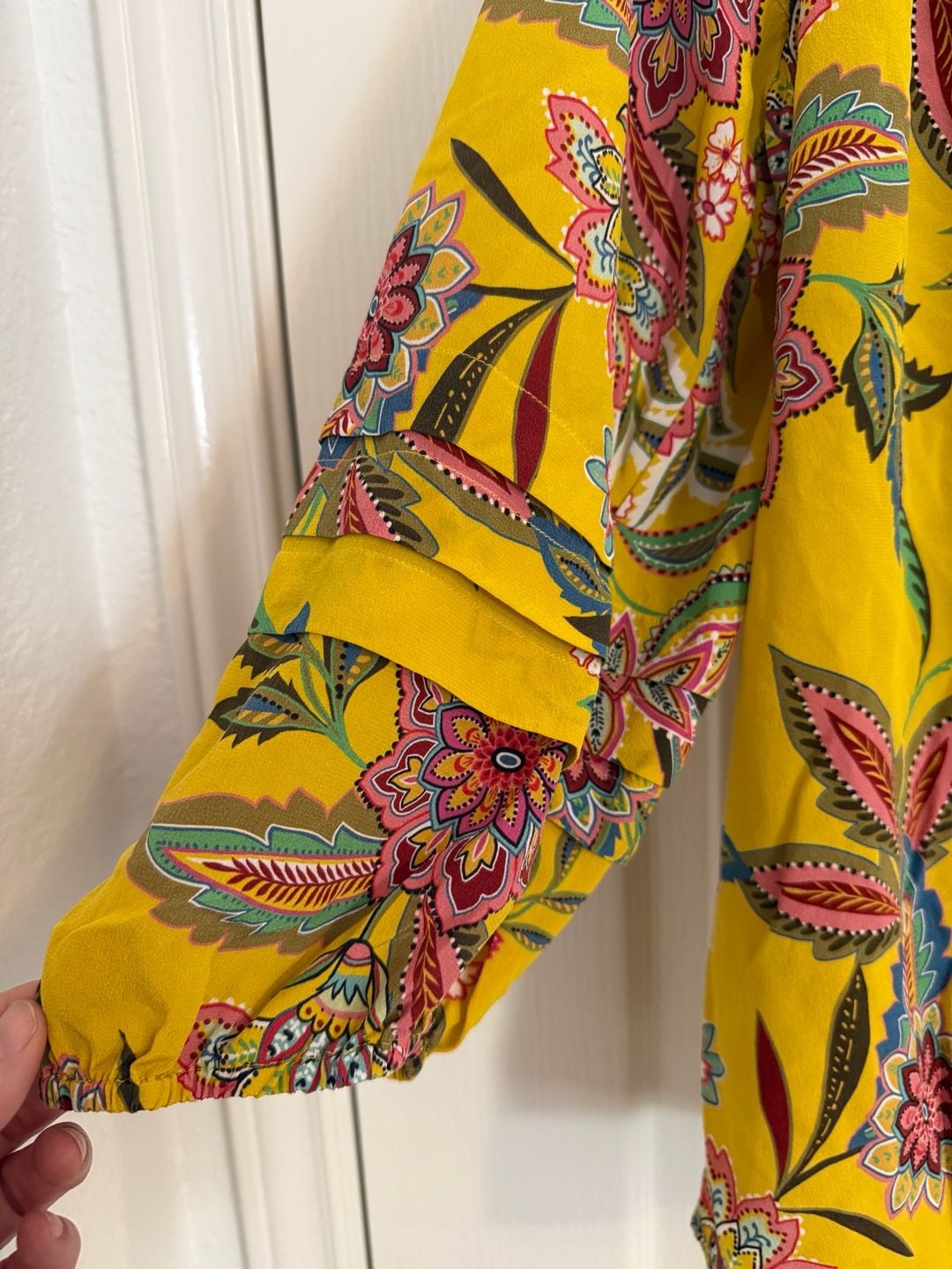 Johnny Was Anka Boho Peasant Top Size XS Yellow Floral Silk Blouse 7