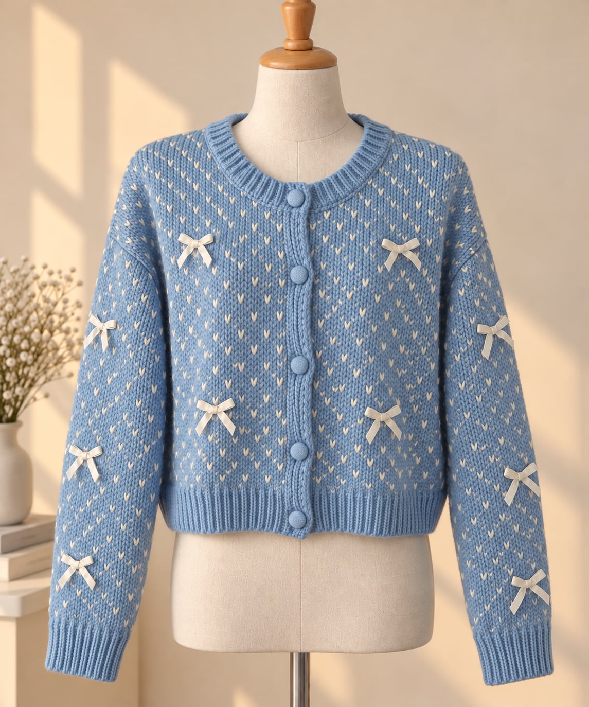 Coquette Bow Boxy Cardigan XL Blue Cream Chunky Knit Balletcore Soft Girl Sweater 2