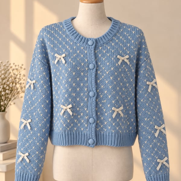 Coquette Bow Boxy Cardigan XL Blue Cream Chunky Knit Balletcore Soft Girl Sweater