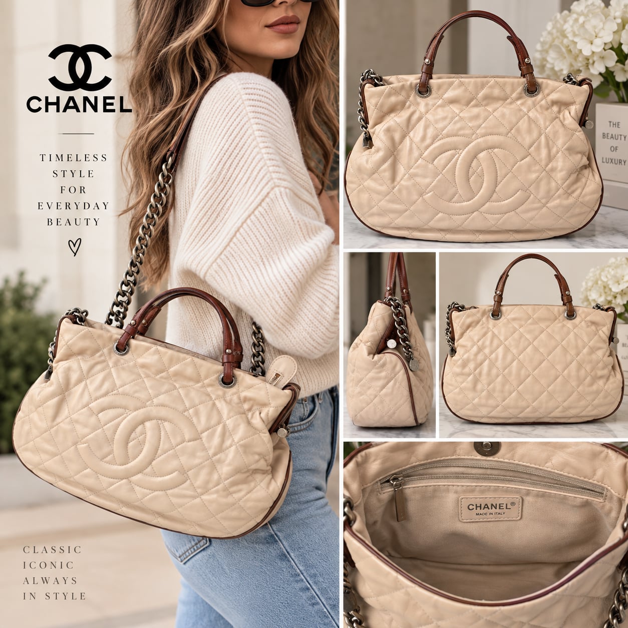 Chanel Quilted Lambskin Country Chic Tote Bag Beige 2