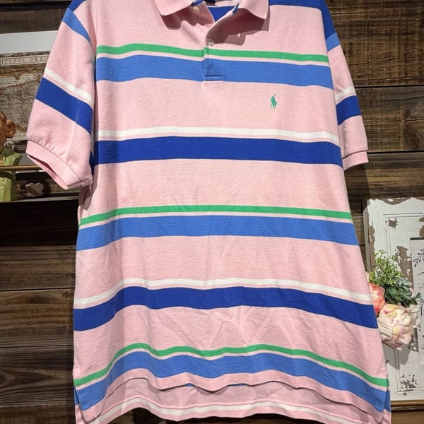 Y2K preppy Polo Ralph Lauren Striped Polo Shirt Size XL Pink Blue Green