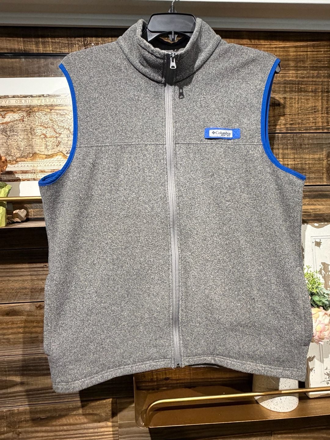 Columbia PFG Fleece Vest Size L Gray Full Zip Blue Trim 2