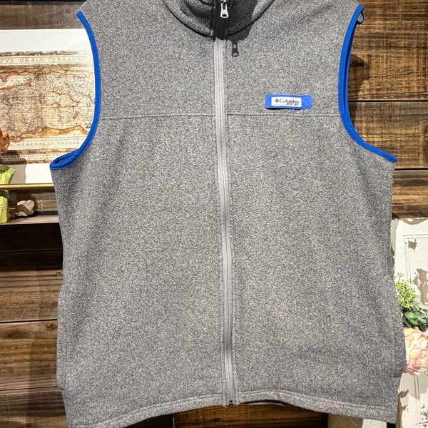 Columbia PFG Fleece Vest Size L Gray Full Zip Blue Trim