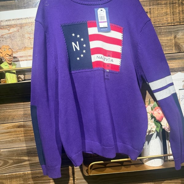 Nautica Flag Intarsia Crew Neck Sweater Size XXL Purple