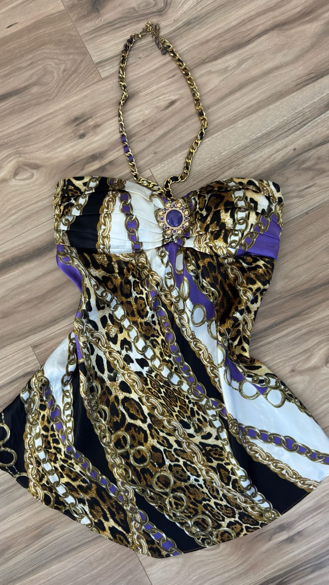 Caché Halter Top Size S Silk Leopard Chain Print Purple Gold 2