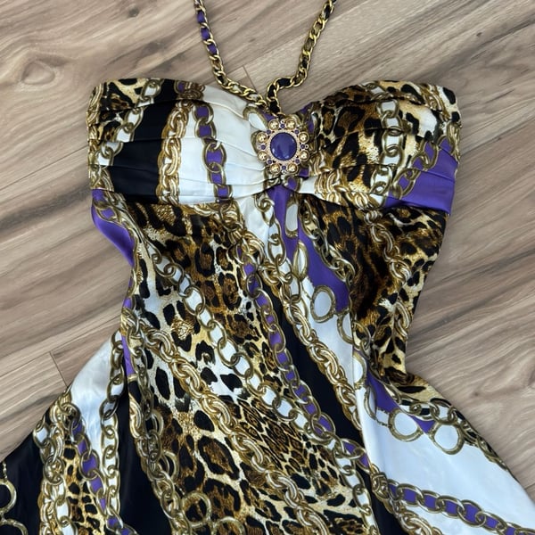 Caché Halter Top Size S Silk Leopard Chain Print Purple Gold