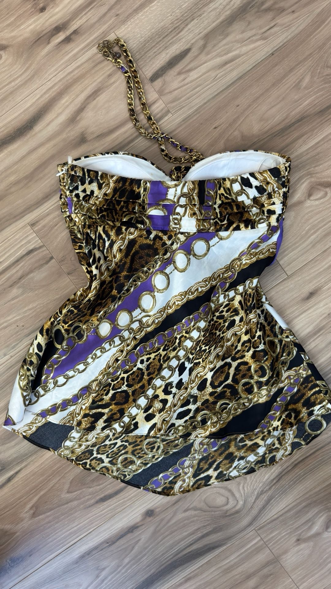 Caché Halter Top Size S Silk Leopard Chain Print Purple Gold 5