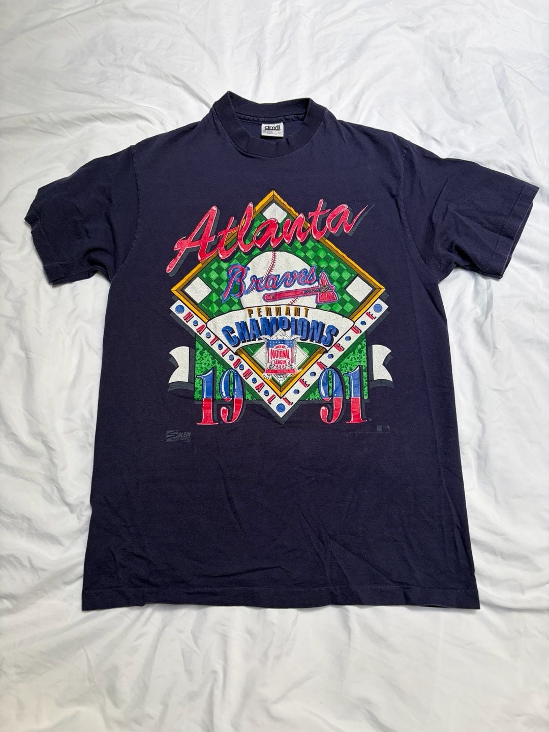 Anvil Atlanta Braves T-Shirt Size L 1991 Pennant Champions Navy Blue 2