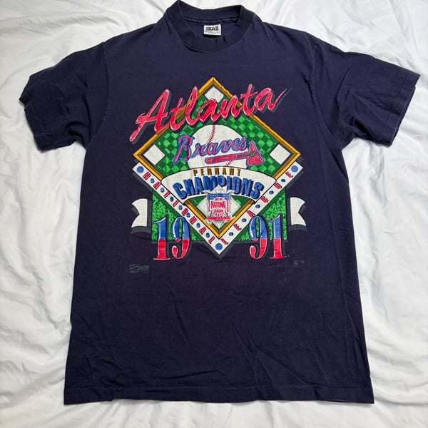 Anvil Atlanta Braves T-Shirt Size L 1991 Pennant Champions Navy Blue