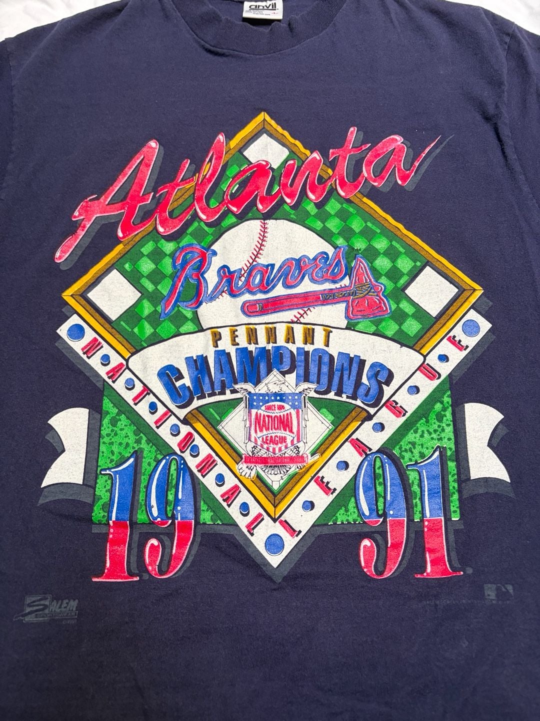 Anvil Atlanta Braves T-Shirt Size L 1991 Pennant Champions Navy Blue 4