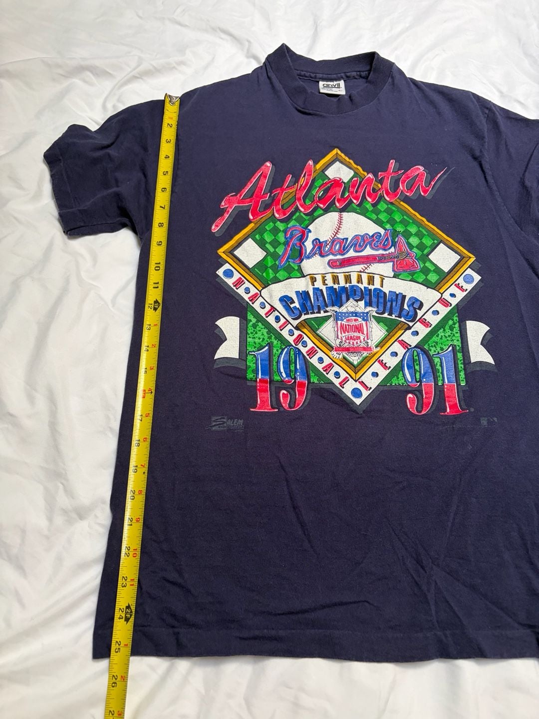 Anvil Atlanta Braves T-Shirt Size L 1991 Pennant Champions Navy Blue 6