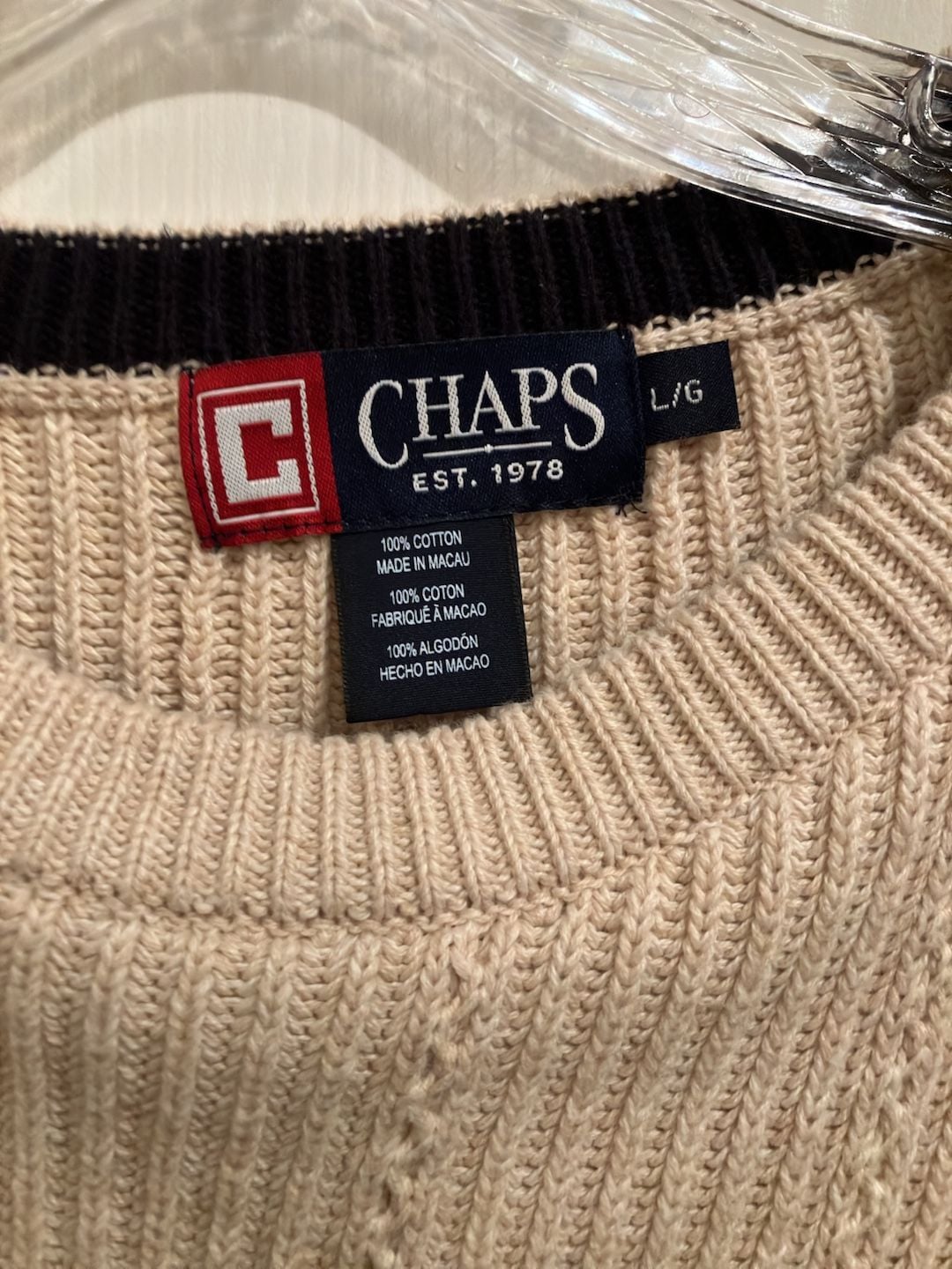 Chaps Cable Knit Crewneck Sweater Size L Cream Cotton 4