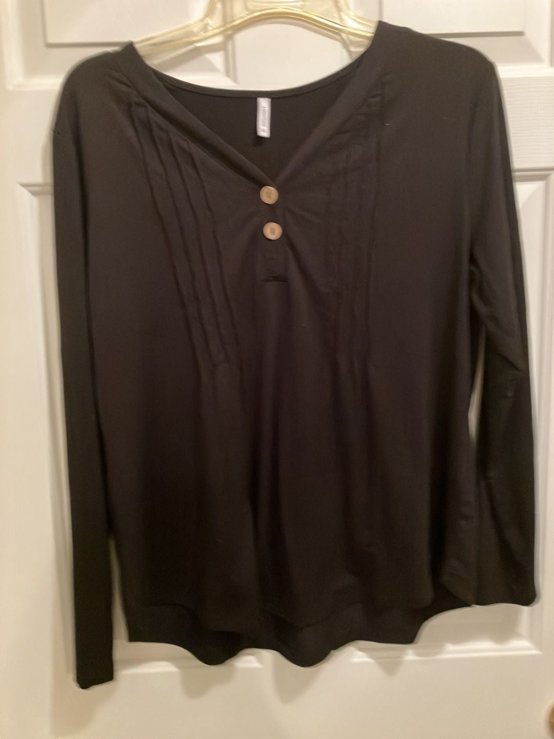 LONGYUAN V-Neck Long Sleeve Tunic Size XL Black Pleated Button Decor 2