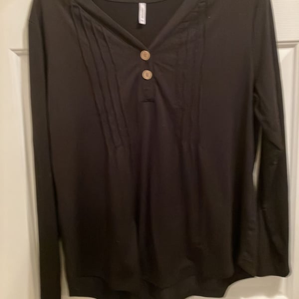 LONGYUAN V-Neck Long Sleeve Tunic Size XL Black Pleated Button Decor