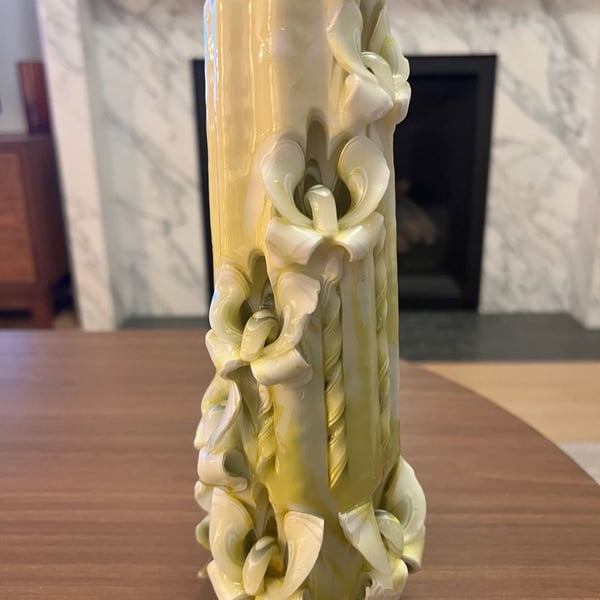 Vintage Hand Carved Sculpted Pillar Candle Green and White Wax