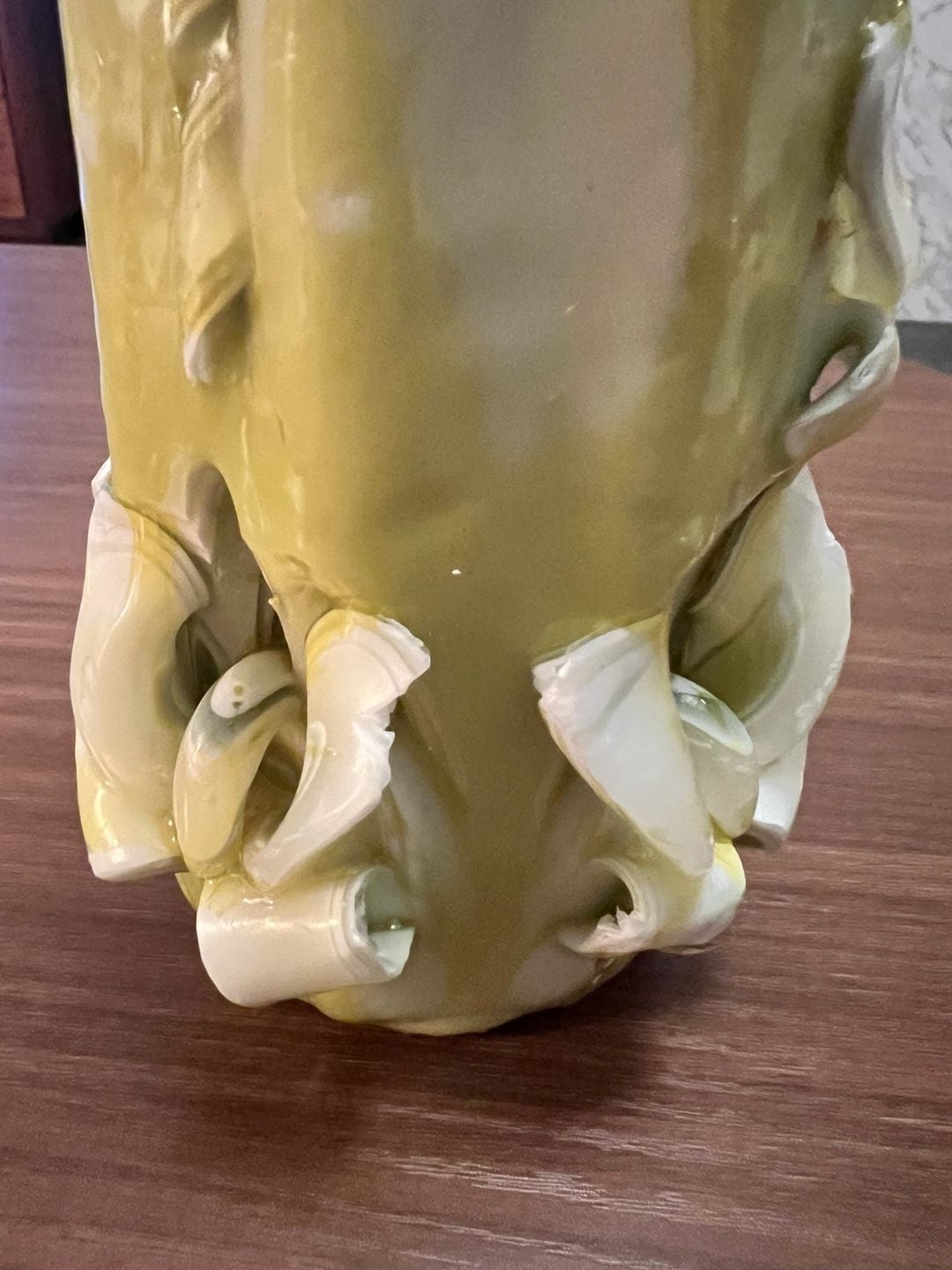 Vintage Hand Carved Sculpted Pillar Candle Green and White Wax 7