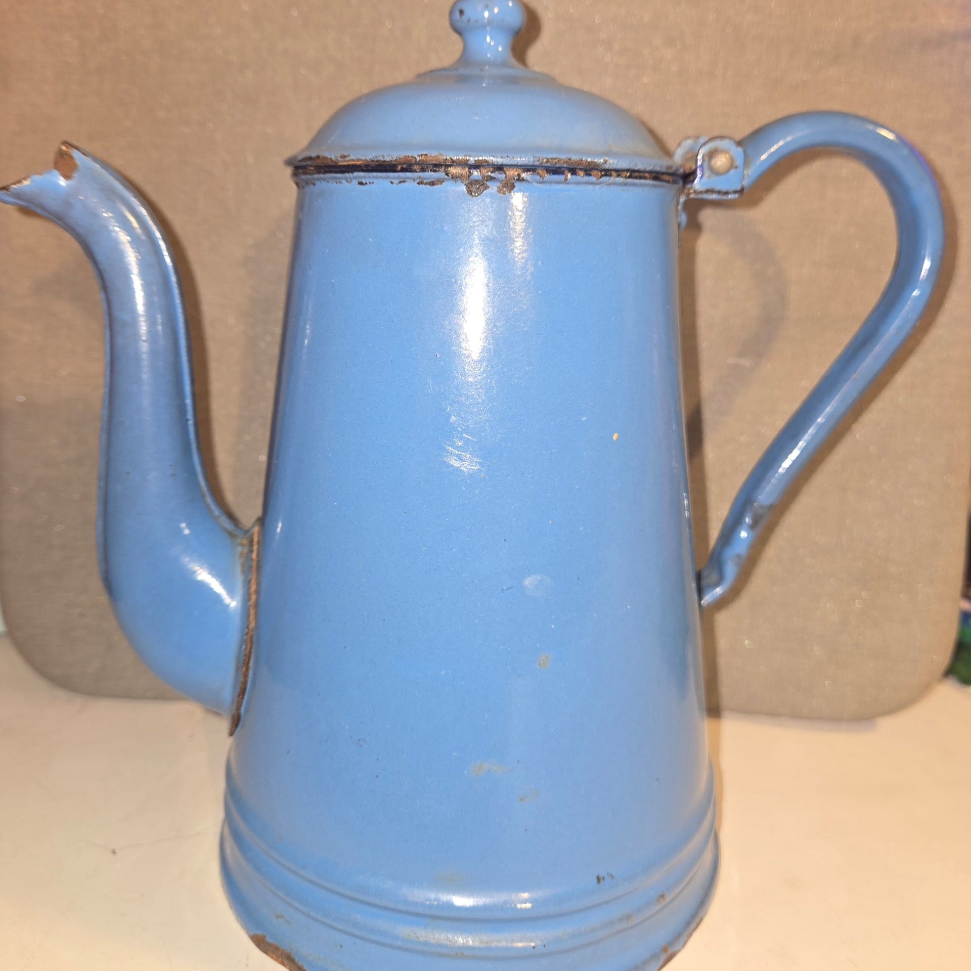 Vintage French Enamelware Blue Gooseneck Coffee Pot 1