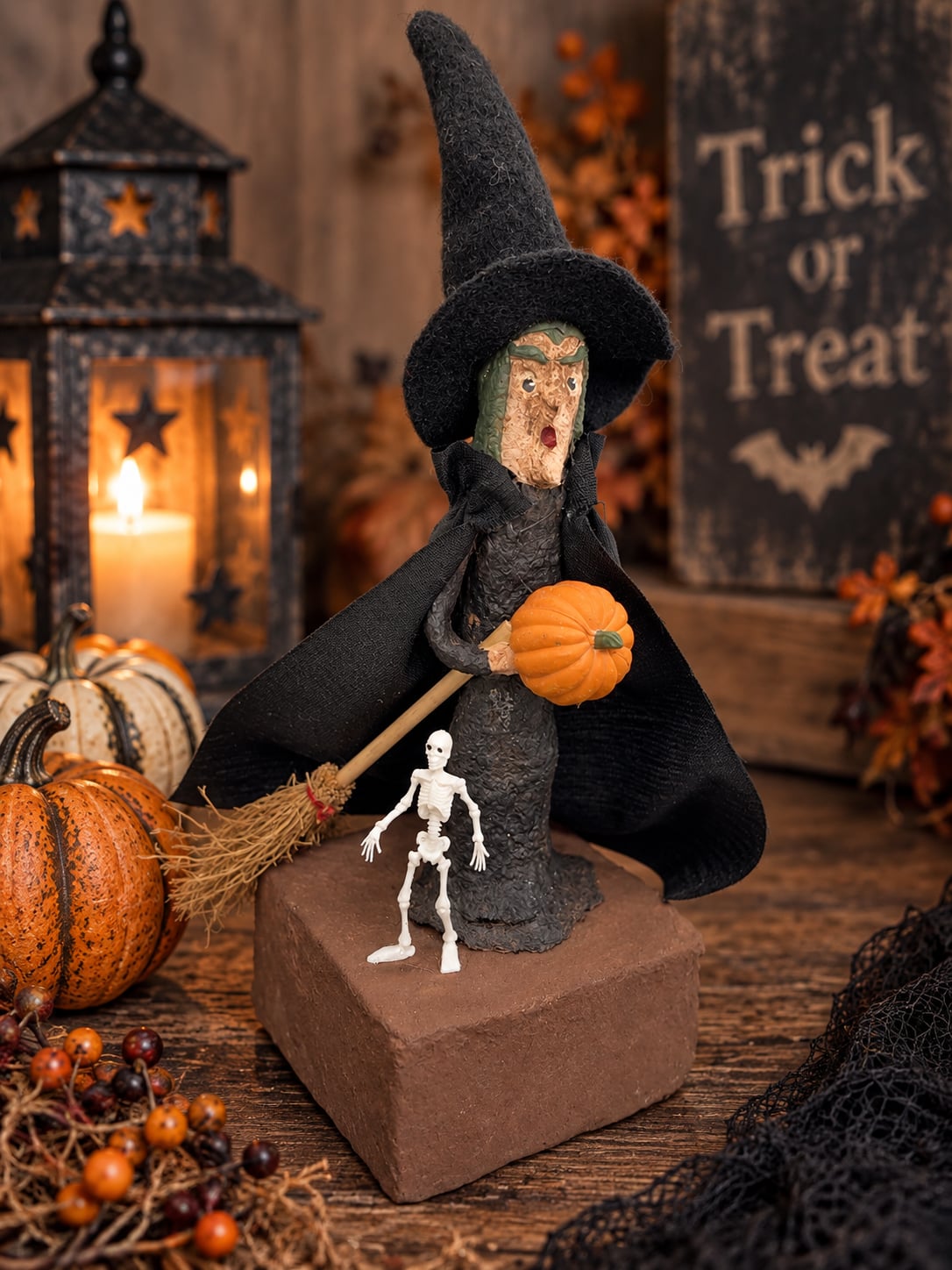 Deb Macklin Signed Folk Art Paper Mache Halloween Witch Primitive 1996 Vtg 1