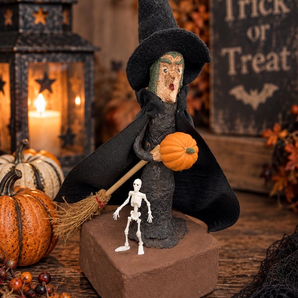 Deb Macklin Signed Folk Art Paper Mache Halloween Witch Primitive 1996 Vtg